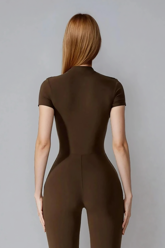 Noira Fit Short Sleeve Jumpsuit - Brown