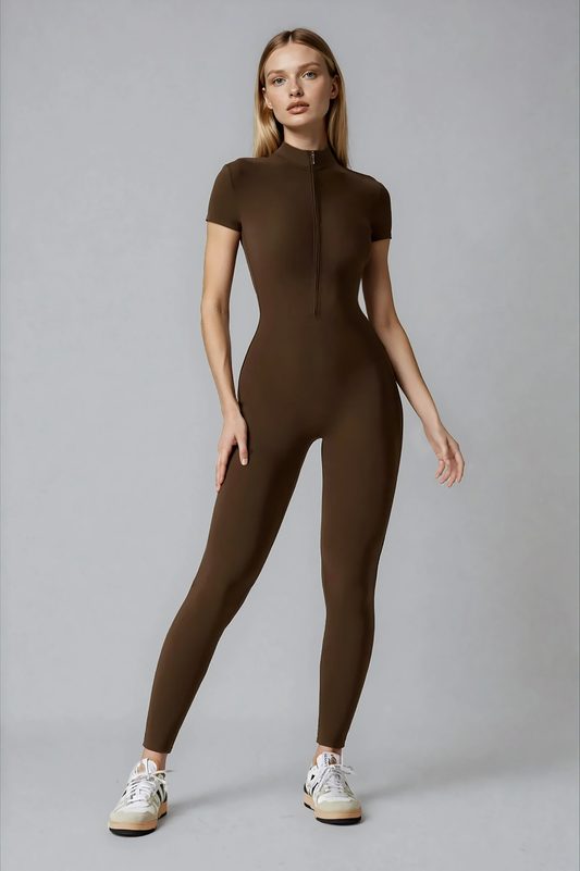 Noira Fit Short Sleeve Jumpsuit - Brown