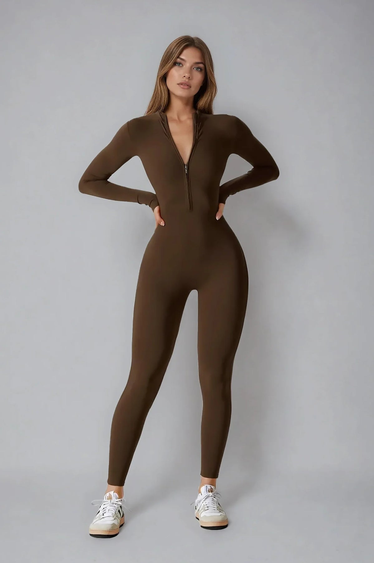 Noira Fit Long Sleeve Jumpsuit - Brown