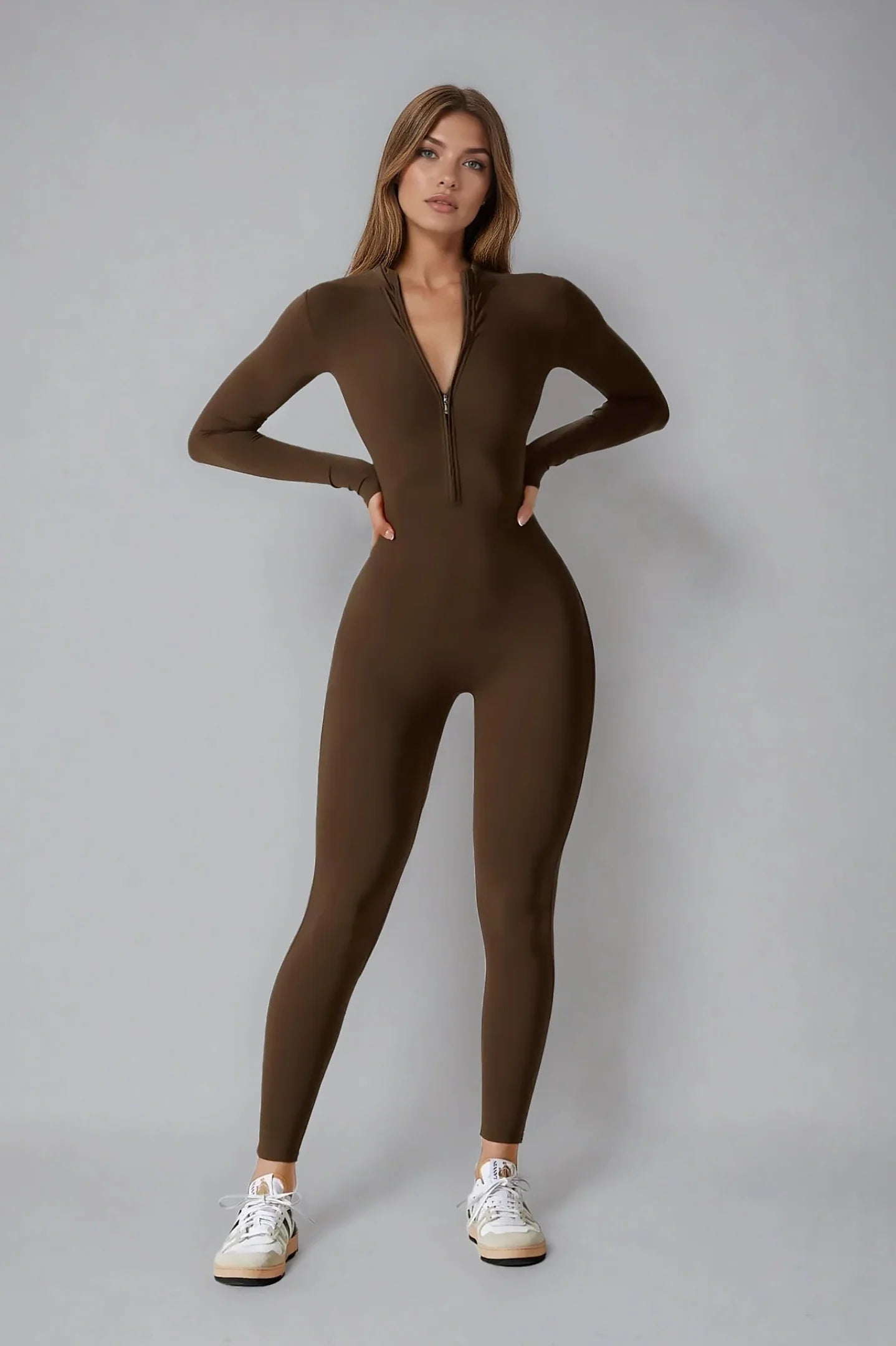 Noira Fit Long Sleeve Jumpsuit - Brown