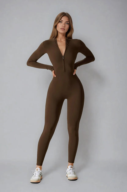 Noira Fit Long Sleeve Jumpsuit - Brown
