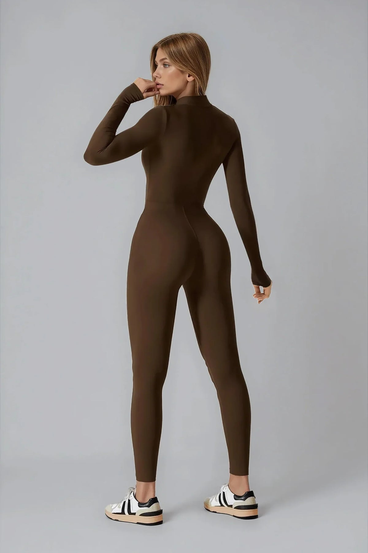 Noira Fit Long Sleeve Jumpsuit - Brown