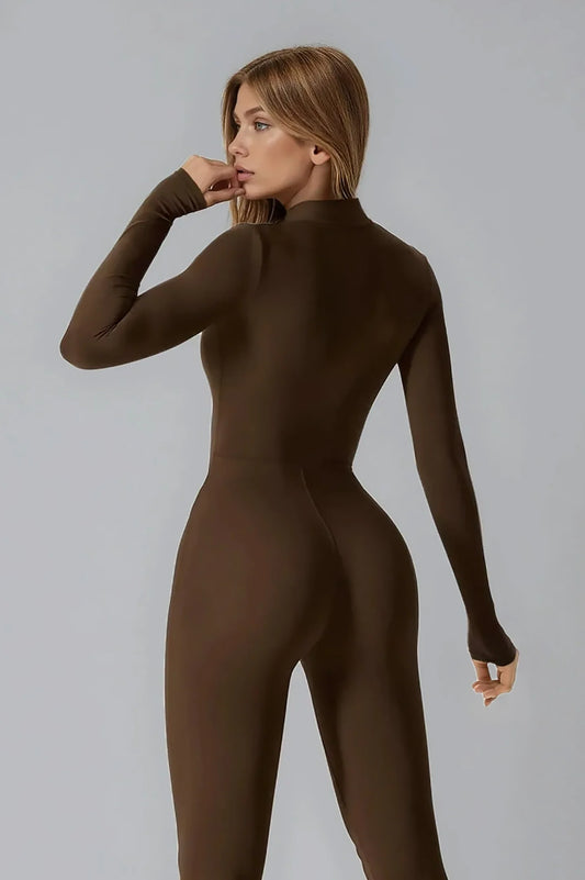Noira Fit Long Sleeve Jumpsuit - Brown