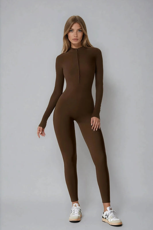 Noira Fit Long Sleeve Jumpsuit - Brown