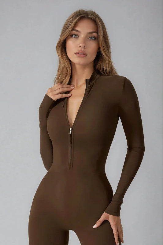 Noira Fit Long Sleeve Jumpsuit - Brown